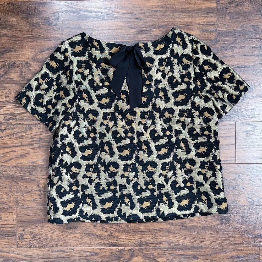 Hutch • Anthro Leopard Top metallic brocade gold black boxy bow neck - Picture 9 of 10